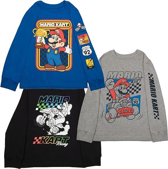 Nintendo Super Mario Kart Race Boys Long Sleeve T-Shirt, 3-Pack Bundle Set for Kids and Toddlers