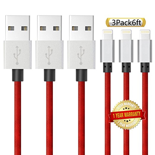 Ulimag Lightning Cable 3Pack 6FT Nylon Braided Certified iPhone Cable - USB Cord Charging Charger for Apple iPhone 7, 7 Plus, 6, 6s, 6 , 5, 5c, 5s, SE, iPad, iPod Nano, iPod Touch - Red