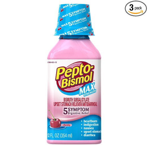 Pepto-Bismol Cherry Max 5 Symptom Medicine - Including Upset Stomach & Diarrhea Relief, 12 Ounce (Pack of 3)