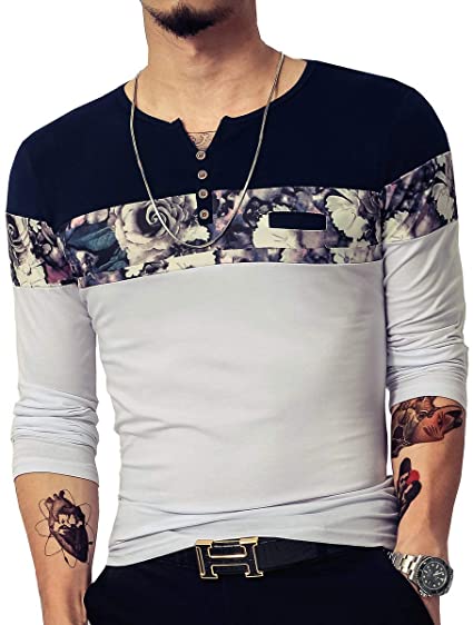 LOGEEYAR Men's Casual Slim Fit Short Sleeve Shirts Fashion Color Block Printing Henley T-Shirts