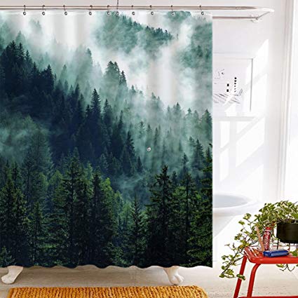 Roslynwood Nature Misty Fresh Green Forest Decor, Fog Forest Shower Curtains for Bathroom, Polyester Fabric Waterproof Bath Curtain, 69X70in,