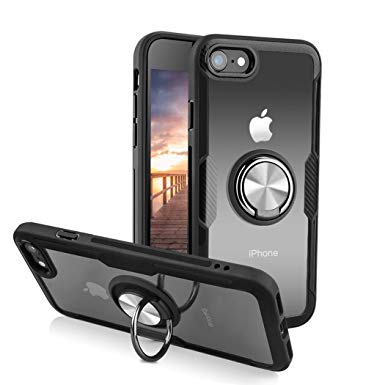 Lamzu iPhone 7 Case/iPhone 8 Case, Clear Hard Back Cover Slim Rubber Bumper Hybrid Case with 360° Rotation Finger Ring Grip Holder Kickstand [Work with Magnetic Car Mount] for iPhone 7/8,Black