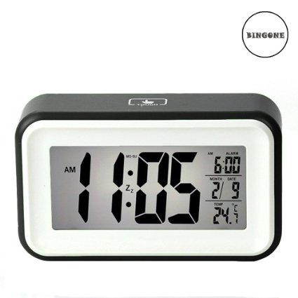 BINGONE Digital 6 Silent Alarm Clock Sensor Light Nightlight Repeating Snooze with Date Calendar Temperature Display Black