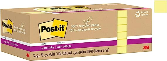 Post-it 100% Recycled Paper Super Sticky Notes, 2X The Sticking Power, 3x3 in, 12 Pads/Pack, 70 Sheets/Pad, Canary Yellow(654R-12SSCY)