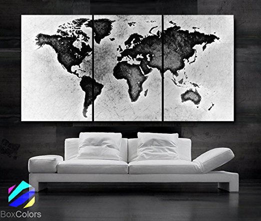 Large 30"x 60" 3 Panels 30x20 Ea Art Canvas Print World Map Black & White Wall Home Office Decor Interior (Included Framed 1.5" Depth)