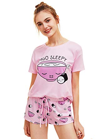 DIDK Women's Cute Cartoon Print Tee and Shorts Pajama Set