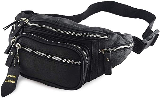 Fanny Pack Multifunction, Genuine Leather Hip Bum Bag, Travel Pouch for Men and Women- Multiple Pockets & Sturdy Zippers Ideal for Hiking Running and Cycling