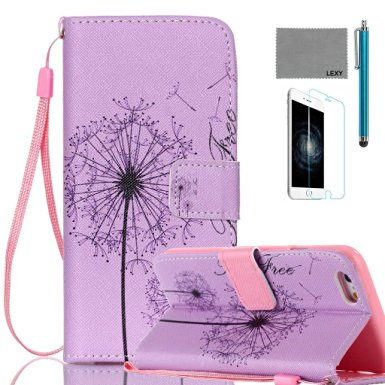 iPhone 6 Plus/6S Plus 5.5 inch Case, LEXY PU Leather Full Body Case with Credit ID Cards Holders & Stand for iPhone 6 Plus/6S Plus with 9H Glass Screen Protector and Stylus (Purple Dandelion)