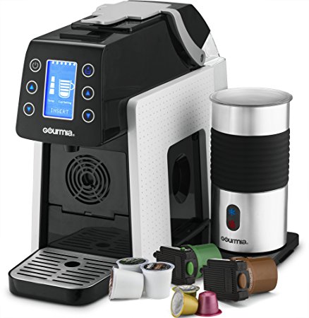 Gourmia GCM5000 One Touch Multi Capsule Coffee Machine, Compatible With Nespresso, K-Cup Pods & More, Built In Milk Frothier, Adjustable Temperature & Size, Digital Display - White