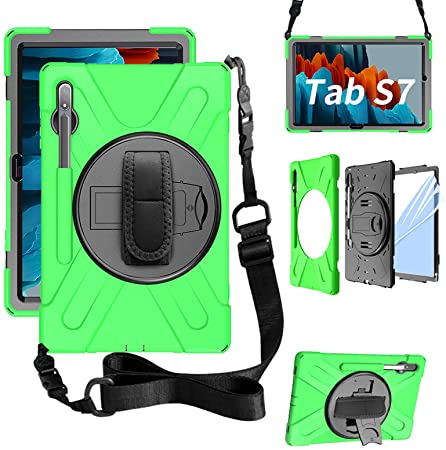 ZenRich Galaxy Tab S7 Case 2020, SM-T870/T875/T876 Case11 Inch with S Pen Holder zenrich Shockproof Case with Screen Protector Stand Hand Strap Shoulder Belt for Samsung Galaxy Tab S7 11 Inch-Green