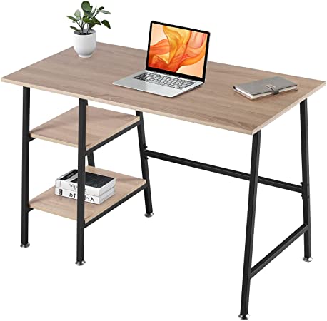 VECELO Writing Computer Study Desk with 2 Tier Storage Shelves on Left or Right,Industrial Simple Style Wood Table Metal Frame for Home Office,Oak, 43"x20"x30"