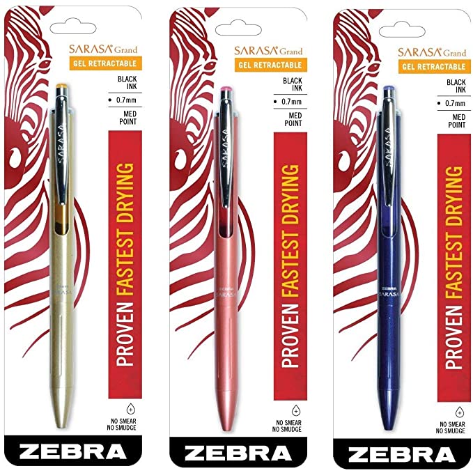 Zebra Sarasa Grand, Retractable Gel Ink Pen, Gold Barrel, Medium Point, 0.7mm, Black Ink, 1-Count (3, Gold, Navy, Rose Gold)