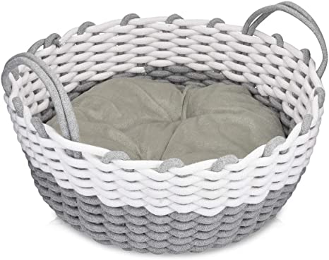 Navaris Medium Cat Bed Basket - Soft Woven Round Pet Nest with Handles and Removable Cushion - Gray Braided Cotton Rope Bedding for Cats and Dogs