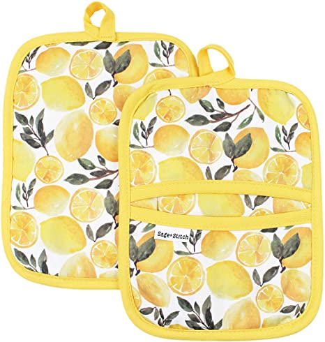 Sage and Stitch Kitchen Pot Holders for Women 7'' x 9'' with Hand Pockets and Hanging Loop, Dual Function Oven Mitt Trivet Potholder Hot Pad 100% Cotton, Heat Resistant Set of 2 - Yellow Lemons