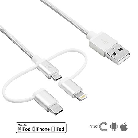 [Apple Mfi Certified] 3.3 Ft 3in1 Sync & Charge Lightning Cable w/ micro USB Connector for iPhone 7 6 6  5s 5c 5, iPad Air mini 4th gen, Android phone, Cable tie included (3 in 1 Silver)