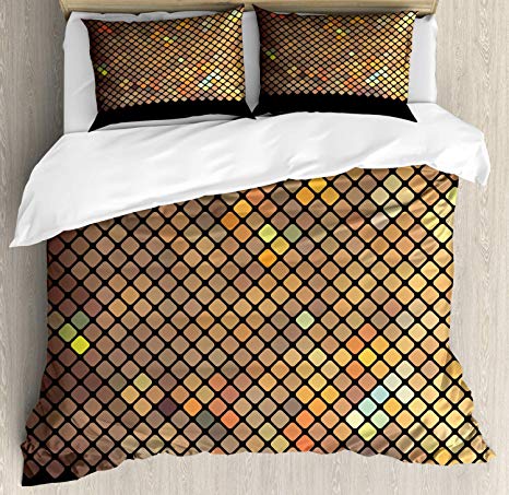 Ambesonne Earth Tones Duvet Cover Set Queen Size, Vibrant Mosaic of Diagonal Squares with a Black Finish Celebration Event Theme, Decorative 3 Piece Bedding Set with 2 Pillow Shams, Multicolor