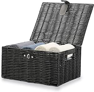 Hipiwe Decorative Storage Boxes with Lids & Lock Black Woven Basket Bin Built-in Carry Handles Plastic Shelf Basket Lidded Multifunctional Household Organizer Box for Clothes Book Snack