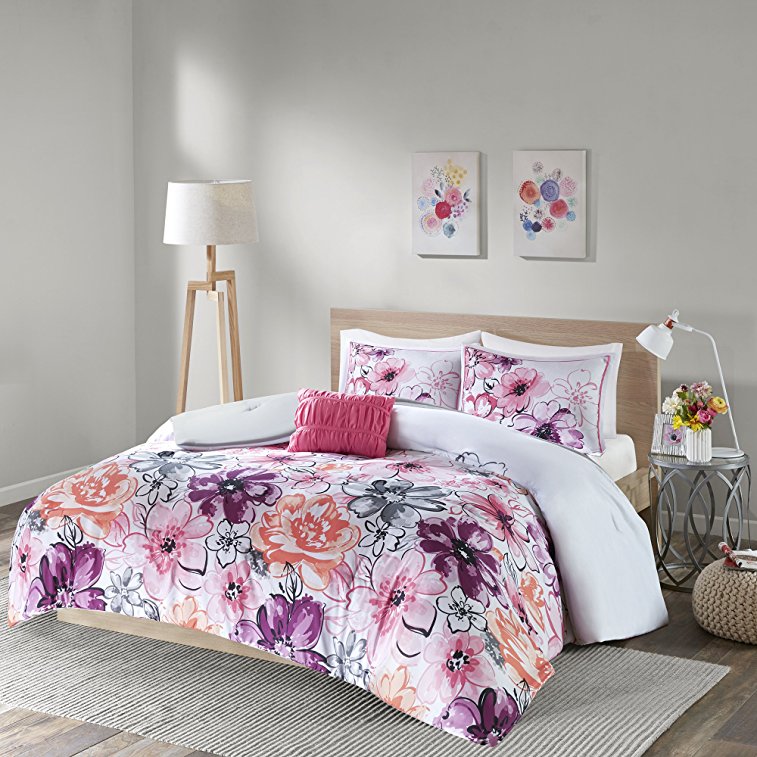 Comfort Spaces - Francisca Comforter Set - 4 Piece - Pink Orange Grey - Floral Print - Queen Size, includes 1 Comforter, 2 Shams, 1 Decorative Pillow