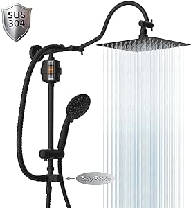 Hibbent Metal 10'' Filtered Rainfall Shower Head Combo for Easy Reach, High Pressure Shower Head System, Handheld Showerhead, Adjustable Holder, 12'' Extension Arm, Shower Filter, 7-spray, Matte Black