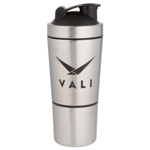 VALI Stainless Steel Shaker with BPA Free Snack Compartment Cup & Built-In Mixing Lid. Large Capacity 700ml (24 oz) Bottle with 200 ml (7 oz) Twist On Storage For Workout Supplements & Protein Powder