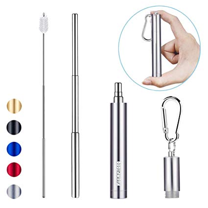 [Updated] Portable Collapsible Reusable Straws - Telescopic Stainless Steel Metal Drinking Straw with Case, Cleaning Brush and Keychain, by Huameilong (Sliver)
