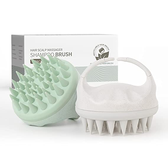 AIMIKE Scalp Massager Shampoo Brush, Soft Silicone Scalp Brush Hair Scrubber, Hair Washing Scalp Exfoliating Brush for Dandruff, Head Scrubber for Wet Dry Hair of Women Men Kids, Beige & Green