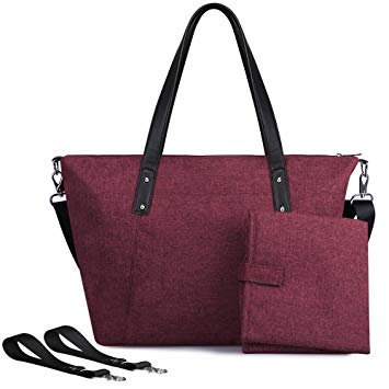 S-ZONE Large Baby Diaper Tote Bag with Changing Pad and Stroller Straps - Designer Fashion Ladies Handbag (Wine Red)