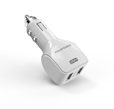 Car Charger RAVPower 24W 4.8A Dual USB Car Charger with iSmart Technology -White