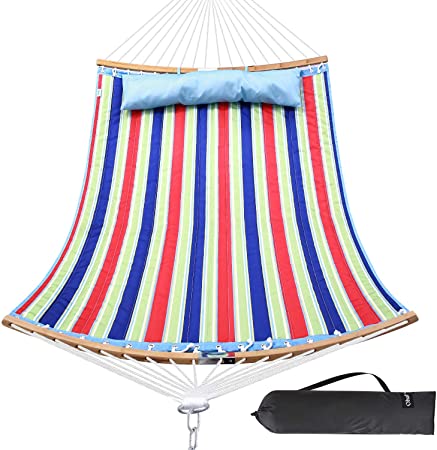 Double Hammock with Detachable Curved-Bar Bamboo & Detachable Pillow, Ohuhu 55"x75" 2-Person Large Hammocks with Carrying Bag for Patio, Backyard, Porch, Indoor Outdoor Use, 450 lbs Max Capacity