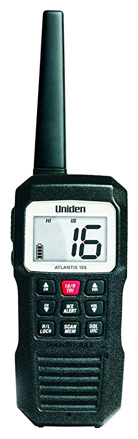 Uniden Atlantis 155 Handheld Two-Way VHF Marine Radio, Floating IPX7 Submersible Waterproof, Dual-Color Screen, All USA/International/Canadian Marine Channels, NOAA Weather Alert, 10 Hour Battery