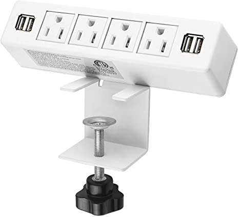 Desk Edge Power Strip with 4 USB Port Removable Clamp Power Outlet Socket with 9.85 ft Extension Cord Flat Plug Connect 4 Plugs for Home Office Reading(White)