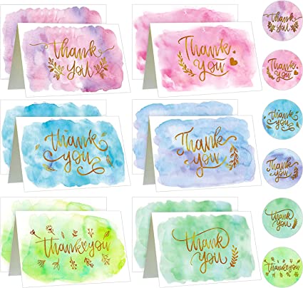 Zonon 72 Pcs Watercolor Thank You Cards with Envelopes and Stickers Set 6 Designs Gold Foiled Greeting Note Cards Thank You Envelopes Round Envelope Seal Stickers for Wedding Graduation (Cute Style)