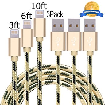 Mribo 3PCS 3FT 6FT 10FT Lightning Cable Popular Nylon Braided Charging Cable Cord for iphone SE,iPhone 6s, 6s , 6 , 6,5s 5c 5,iPad Mini,Air,iPad5,iPod(gold&black)