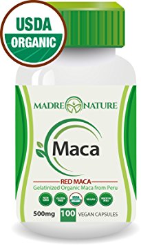Certified Organic Gelatinized Red Maca Root Powder Supplement - 500mg X 100 Capsules (Vegan) - Peruvian Andes - Gluten-free