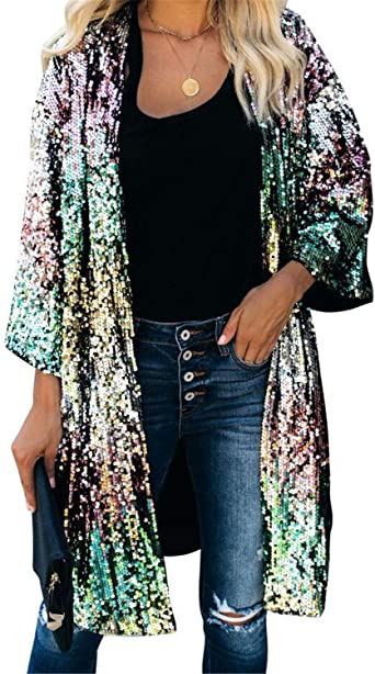 Women Sparkly Sequins Flared 3/4 Sleeve Open Front Coat Glittery Cardigan Party Bar Clubwear
