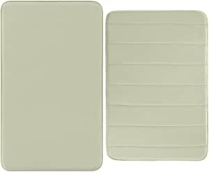 Gorilla Grip Memory Foam Bath Rug Solid and Striped, Solid Bath Rug in Size 30x20 and Striped Memory Foam Bath Rug in Size 24x17, Both in Sage, 2 Item Bundle