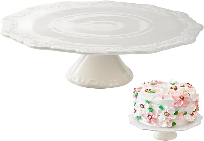 12 Inch Round White Ceramic Cake Stand, Decorative Cupcake Stand, Dessert Display Plates for Snacks and Cookies, Baby Shower, Birthday, Wedding Party Decor (Fit for 10 inch Cake)