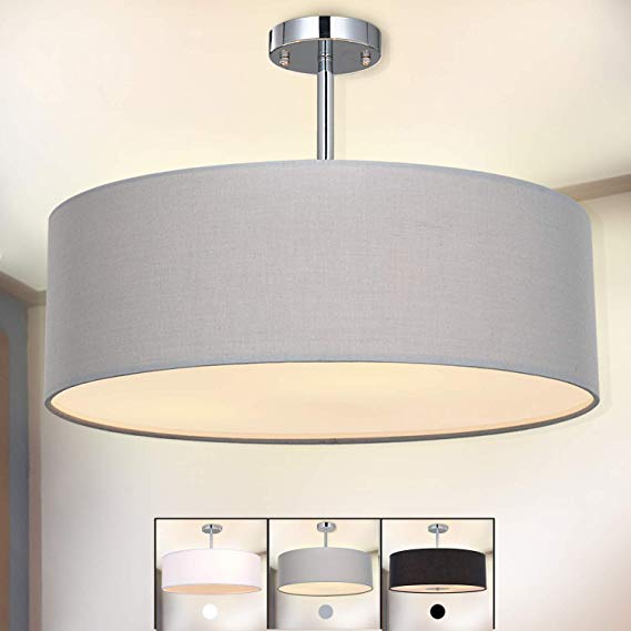 Ceiling Light, SPAKRSOR Modern Fabric Pendant Light Shade, Large Grey Drum Lampshade, Round Pendant Lamp, for Bedroom Living Room, Flush Chrome Matt, 3 bulb, E27