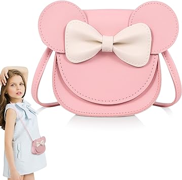 AhlsenL Little Girl's Bowknot Shoulder Bag, Cute Mouse Ear Bow Handbag, PU Crossbody Wallet for Kids, Girls and Toddlers(Pink)