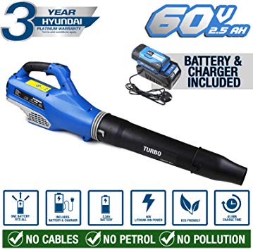 Hyundai Cordless Powered Leaf Blower with 60v Lithium-ion Battery and Charger HYB60LI, Blue