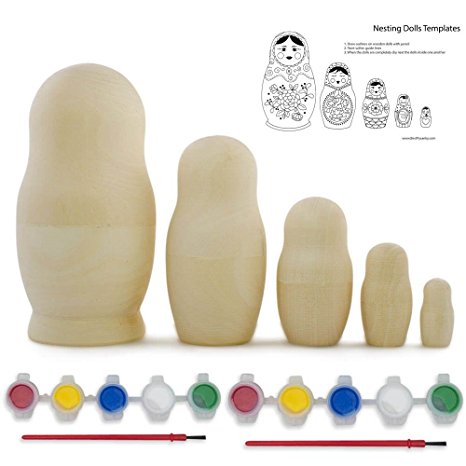 5.75" Set of 5 Unpainted Blank Wooden Russian Nesting Dolls with Paints & Template