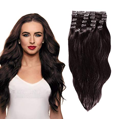 YONNA Remy Human Hair Clip in Extensions Double Weft Long Soft Straight 10 Pieces Thick to Ends Full Head Dark Brown #2 20inch 200g