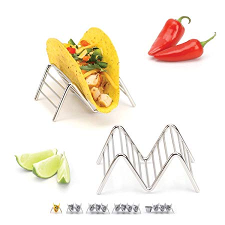 Taco Holder Stand - Chrome Finish - Premium 18/8 Stainless Steel - Holds 1 or 2 Hard Soft Tacos - Five Styles Available - Set of 2 Racks by 2lbDepot