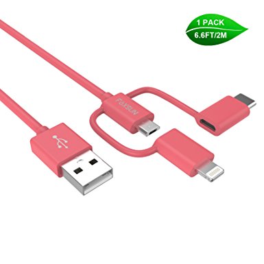 Multi USB Charging Cable, Foxsun 6.6 ft/2m 3 in 1 Mutiple USB Charger Cable with 8Pin Lightning /USB Type C/Micro USB Connector for iPhone, Samsung, LG, Nexus Smartphones and More-MFI Certified-Pink