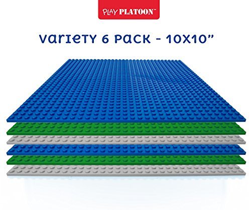 Building Bricks - 10 x 10 Baseplate - Variety Pack 6 Pack Compatible with Legos and Duplos