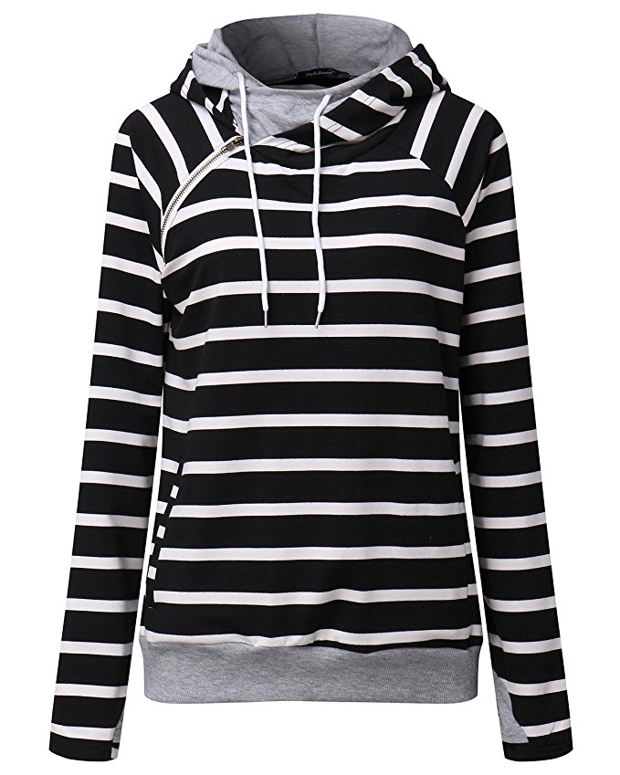 StyleDome Women's Long Sleeve Hoodies Sweatshirts Double Hooded Stripe Funnel Neck Pullover Tops