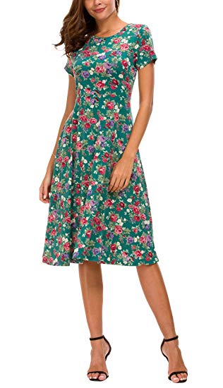 Urban CoCo Women's Floral Print Short Sleeve Flared Midi Dress