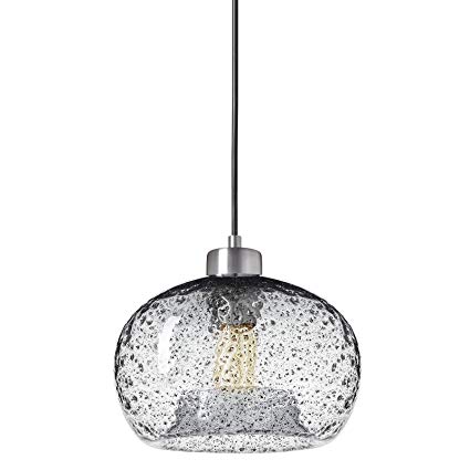 Casamotion Pendant Lighting Handblown Glass Drop ceiling lights, Rustic Hanging Light Clear Seeded Glass with black sand powder, Brushed Nickel Finish