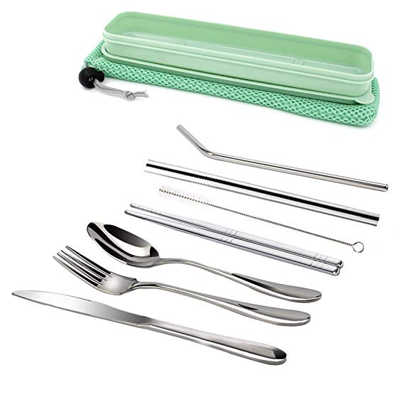 TIMGOU Portable 7 Pieces Flatware Set, Reusable 304 Stainless Steel Fork, Knife, Spoon, Chopsticks, Juice Straw, Smoothie Straw and Cleaning Brush, Durable Travel Cutlery Set-Green