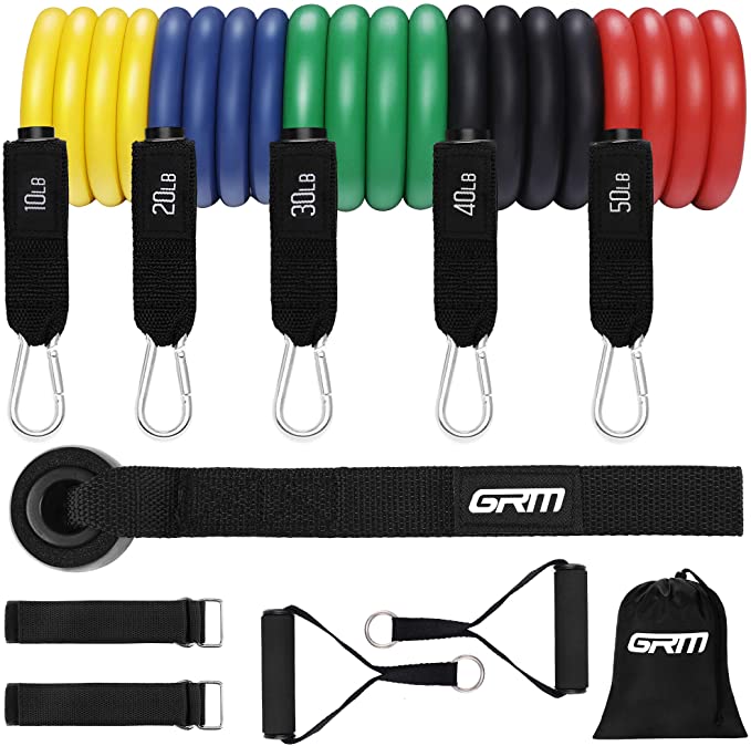 GRM Resistance Bands Exercise Workout Bands Set- 5 Stackable Resistance Tubes, Fitness Strength Bands with Door Anchor Handles Legs Ankle Straps for Muscle Building Indoor Outdoor Home Gym (150lbs-Set of 5)